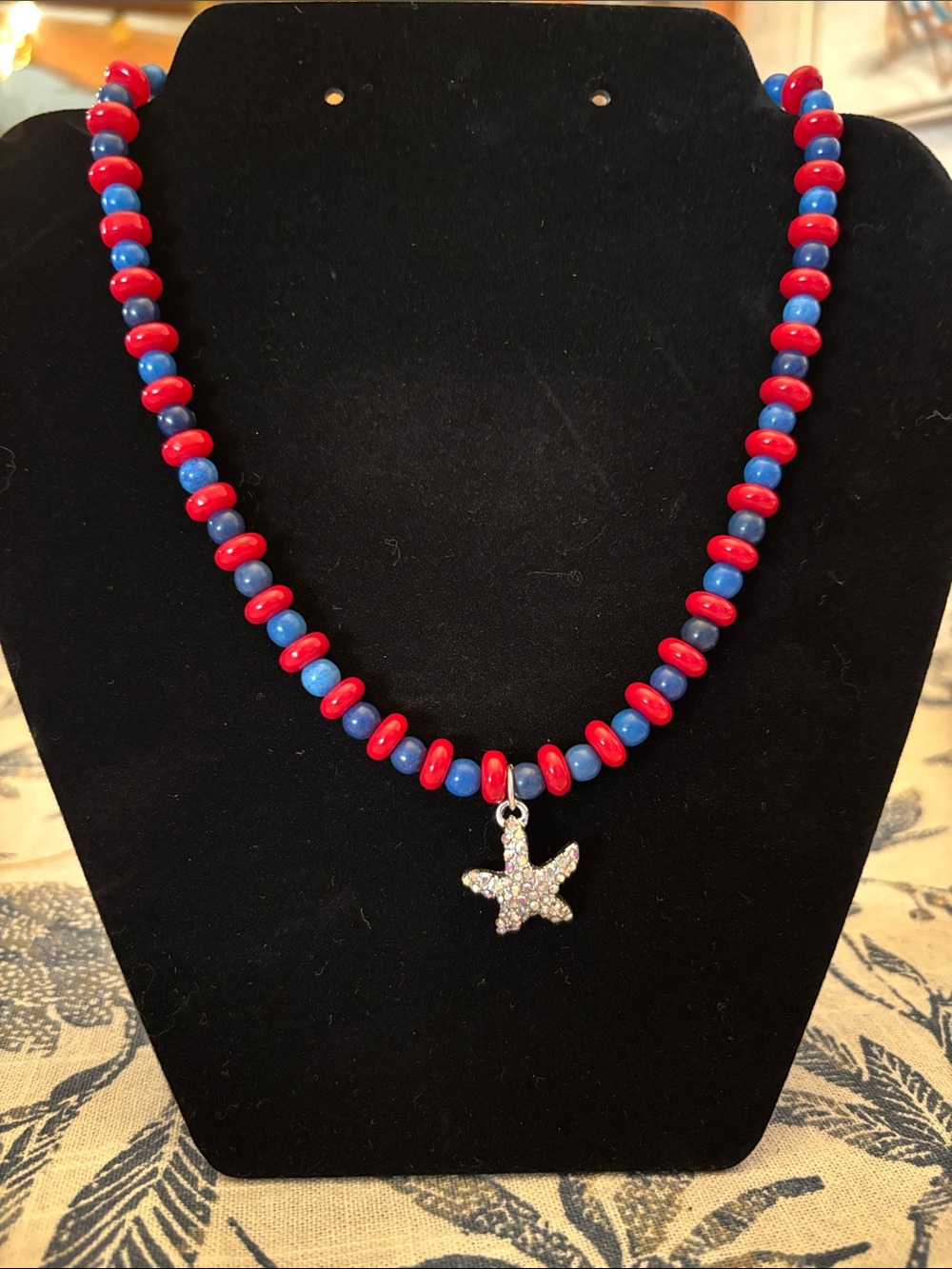 Hand Crafted Red & Blue‎ Glass Beaded Necklace with Rhinestone Starfish